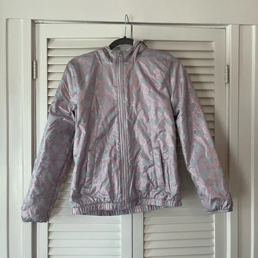 London Fog girls metallic heart pink grey full zip hooded jacket large (14/16)